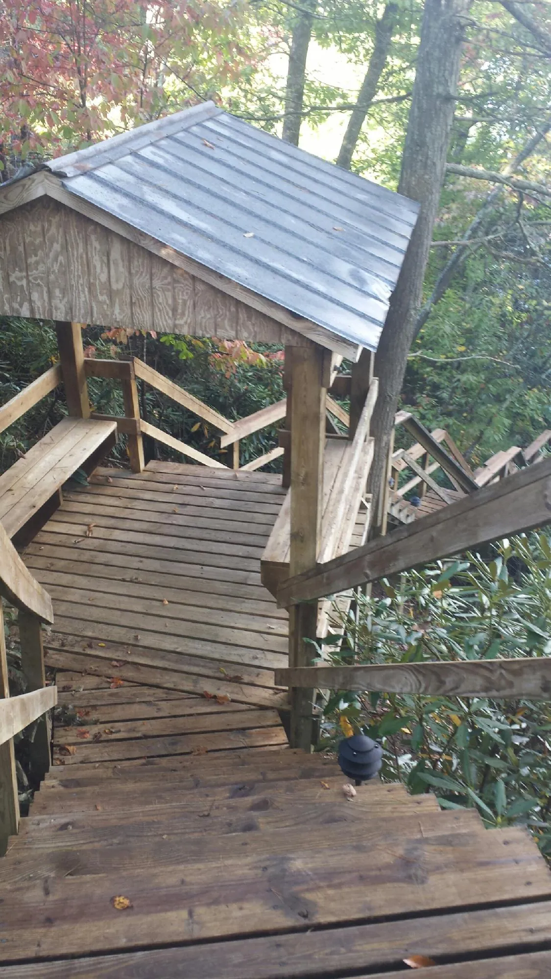 Metal roofed shelter over wooden steps on a wooded walkway — Skylight Repair & Installation work by our crew in Dauphin Island
